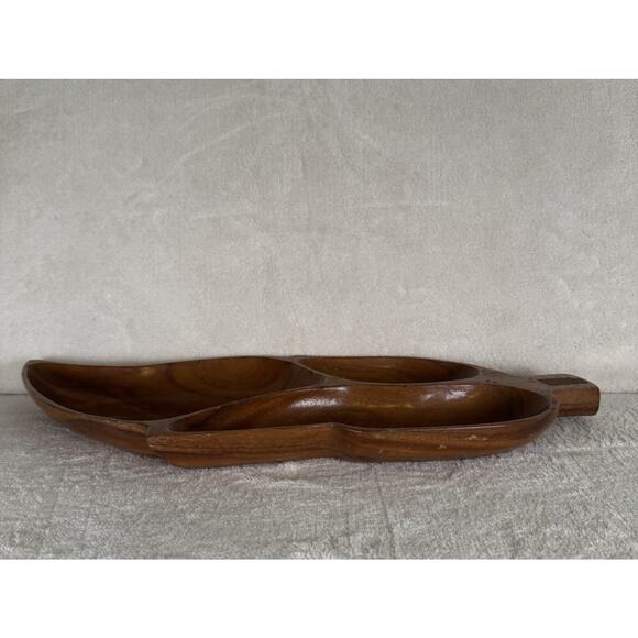 Genuine Monkey Pod Wood Bowl Leaf Shaped Divided Hand Crafted Philippines Boho - Picture 2 of 10